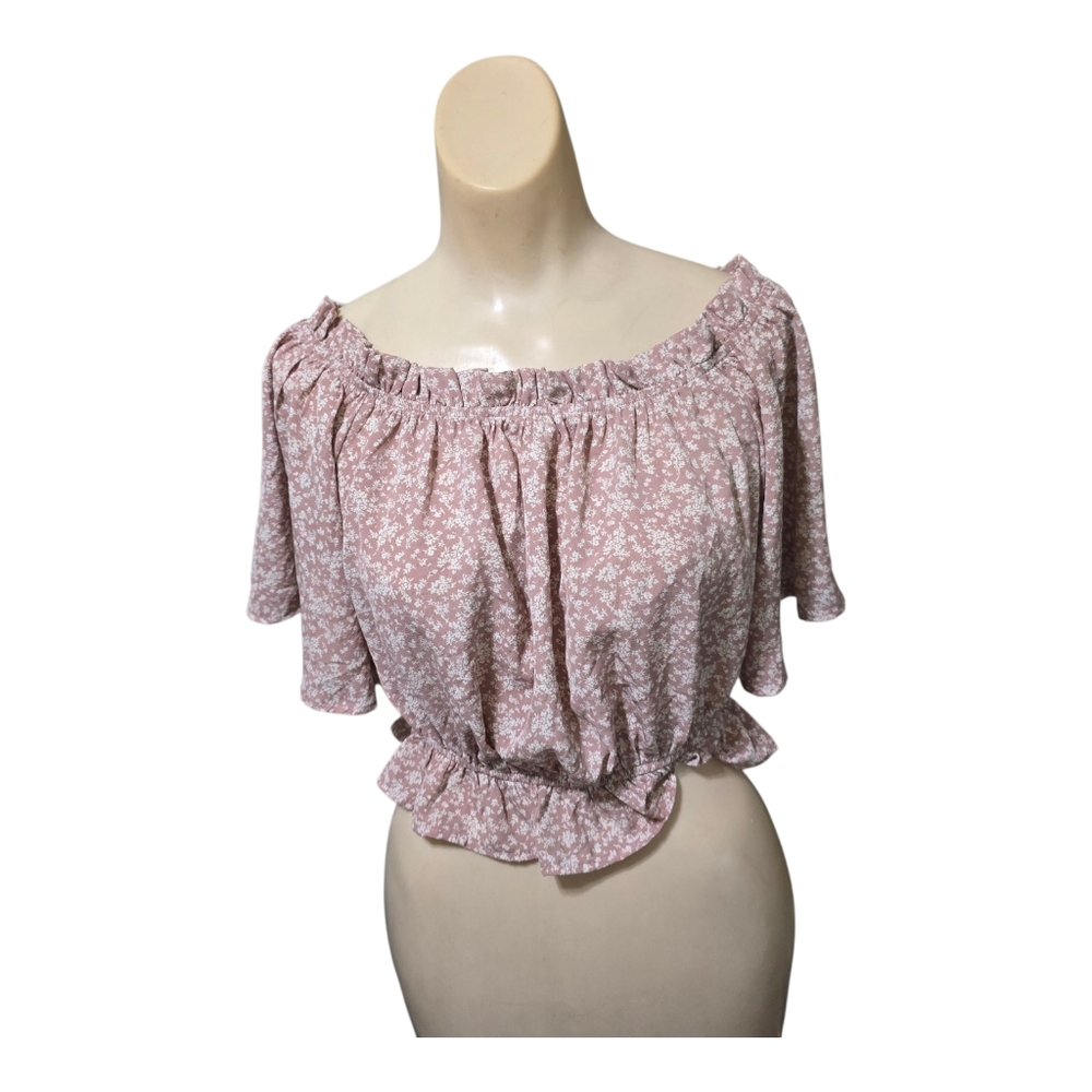 She + Sky Pink Floral Off Shoulder Crop Top Size M – Elastic Hem Ruffle Hemline